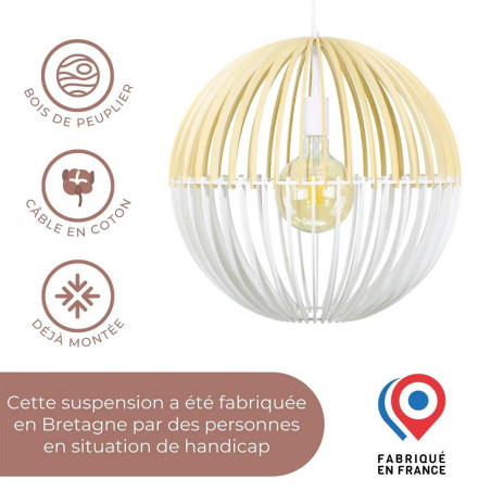 Suspension boule en bois de peuplier naturel et blanche