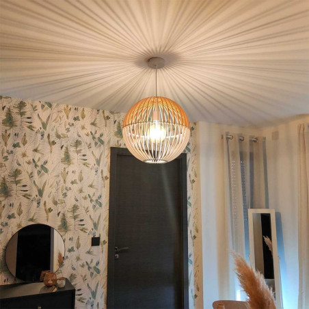 Suspension ronde bois naturel et blanc