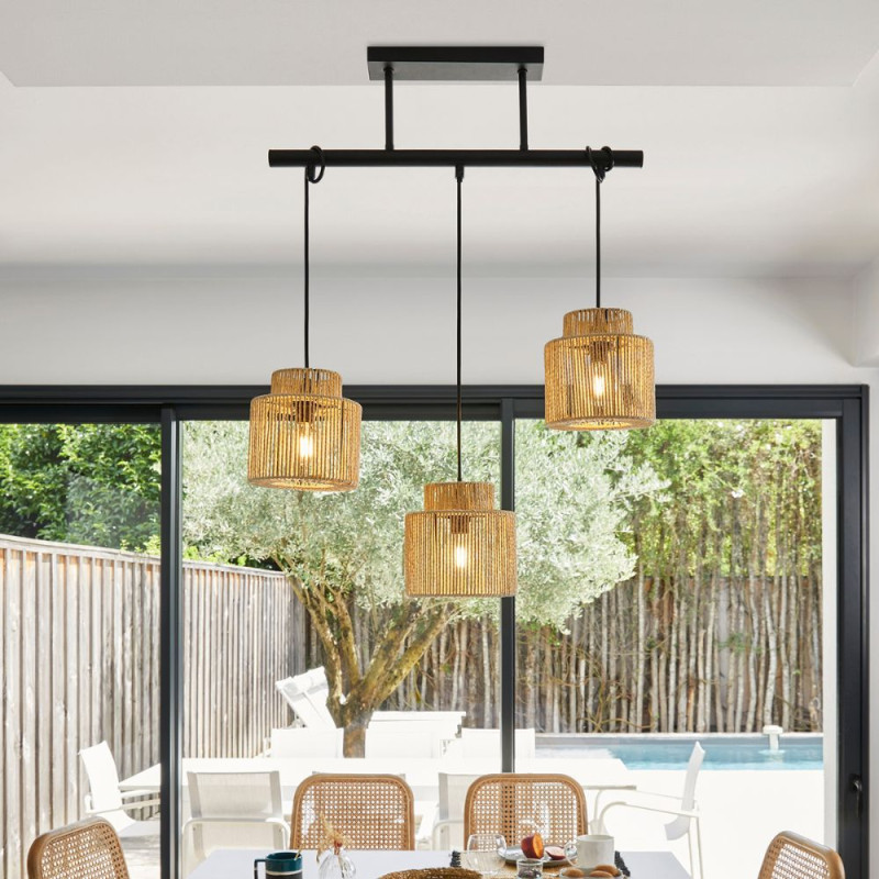 Suspension métal 3 lampes abat jour papier tressé