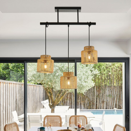 Suspension métal 3 lampes abat jour papier tressé