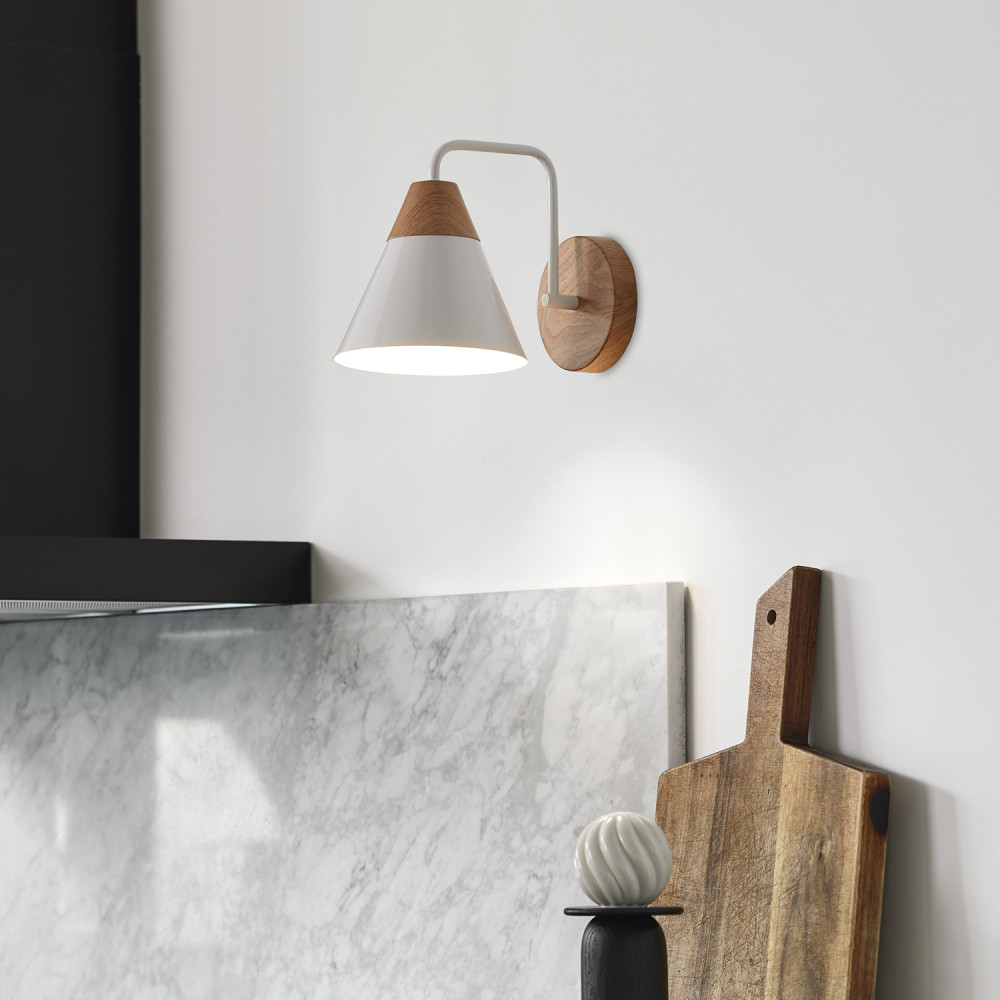 Applique conique métal blanc bois