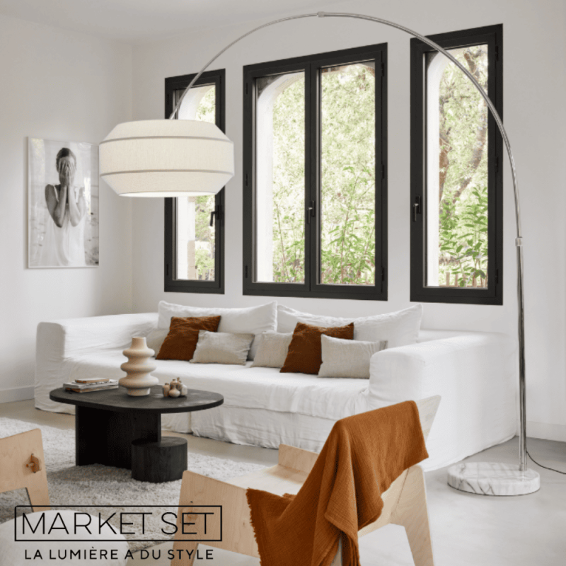 Lampadaire arc abat-jour tissu bouclé