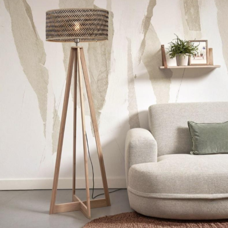 Lampadaire trépied bambou naturel et noir