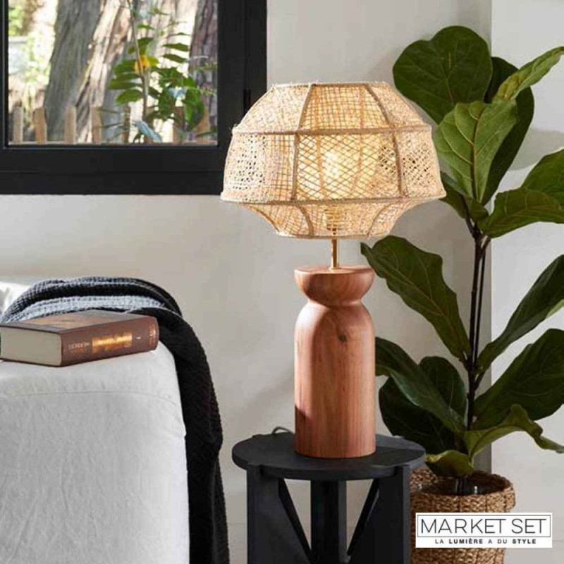 lampe de table bois et raphia