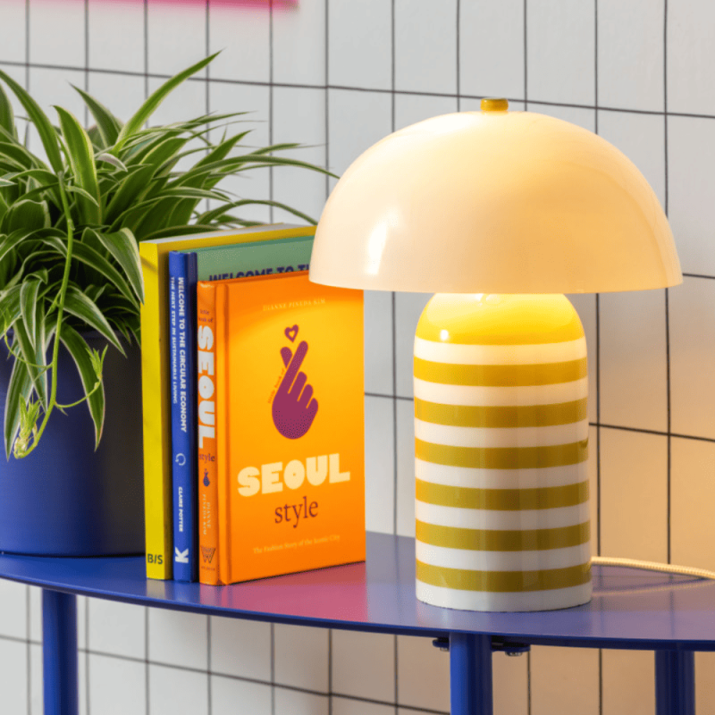 lampe champignon rayée jaune et blanc