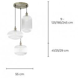 Suspension 3 lumières avec diffuseurs en verre strié transparent