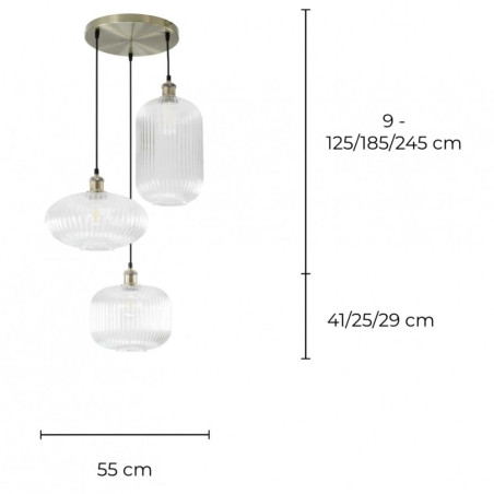 Suspension 3 lumières avec diffuseurs en verre strié transparent
