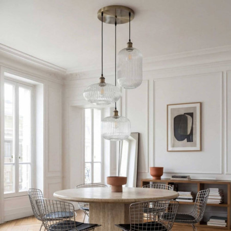 Suspension décorative 3 lumières en verre strié