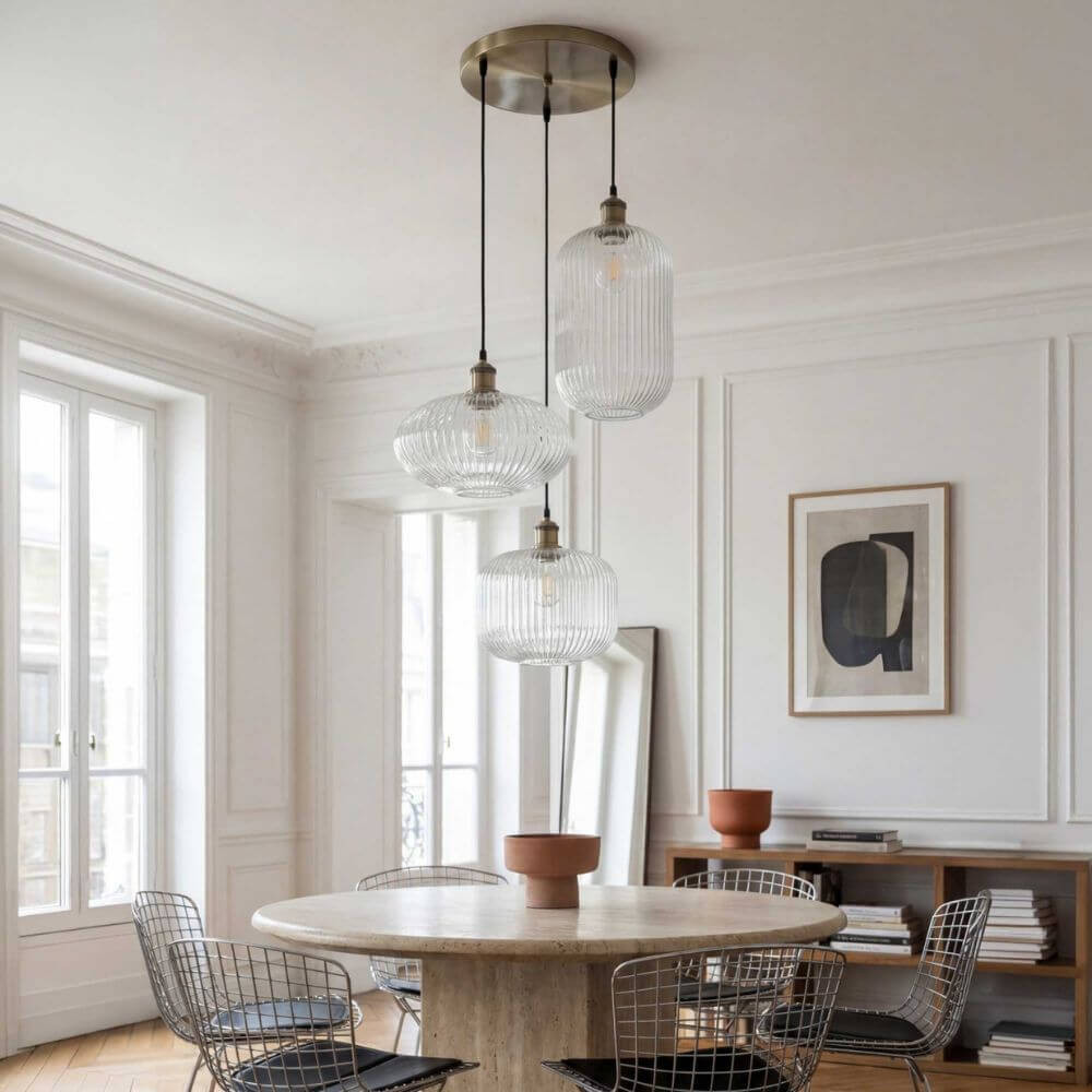 Suspension décorative 3 lumières en verre strié
