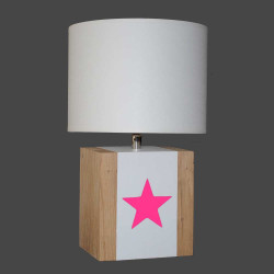 Lampe bois avec étoile rose fluo